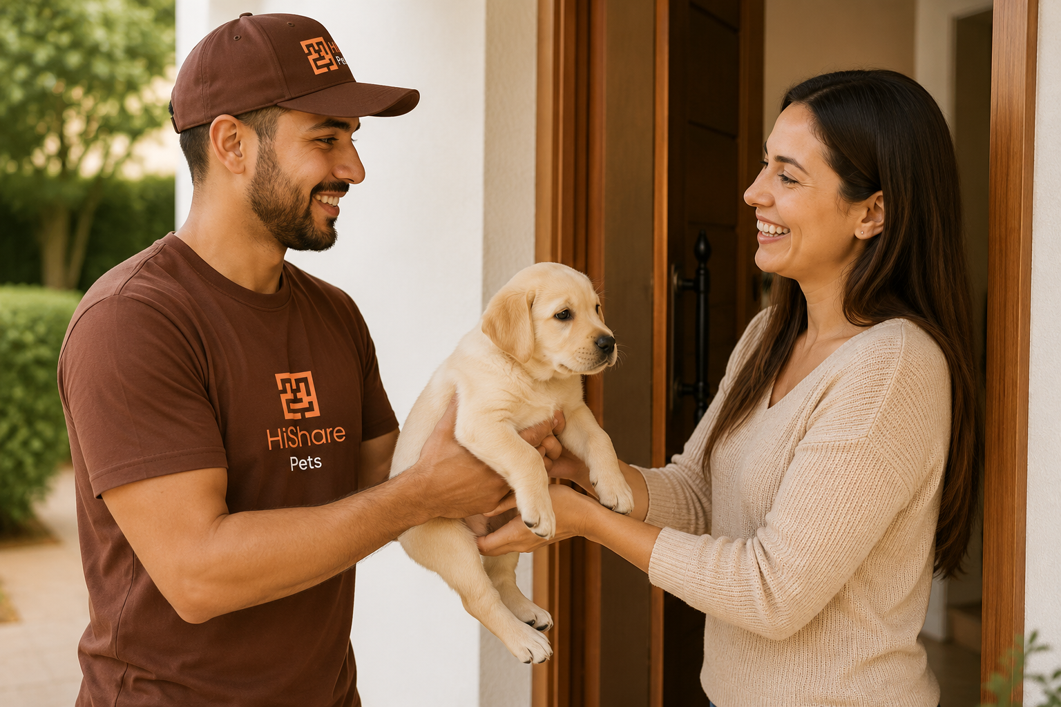 Entregador HiShare Pets entregando um filhote com cuidado para uma tutora